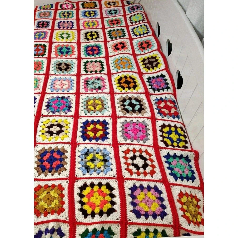 Vintage Hand Crocheted Granny Square Afghan Blanket Twin Size 56x78 Cottagecore